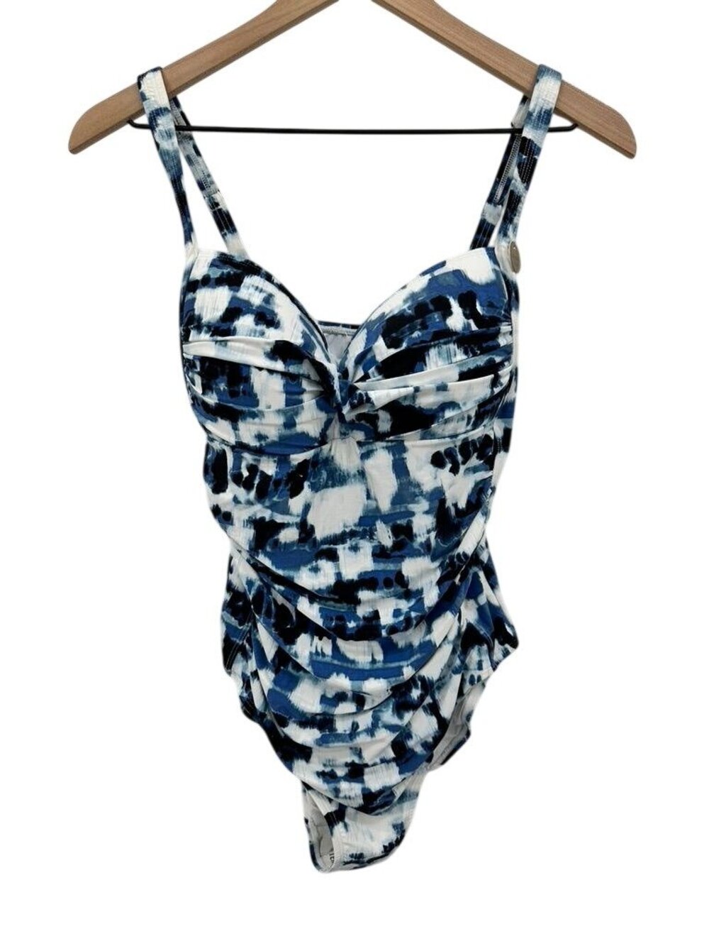 Nip Tuck Swim Blue & White One-Piece Swimsuit With Ruched Front Detail Size US 1